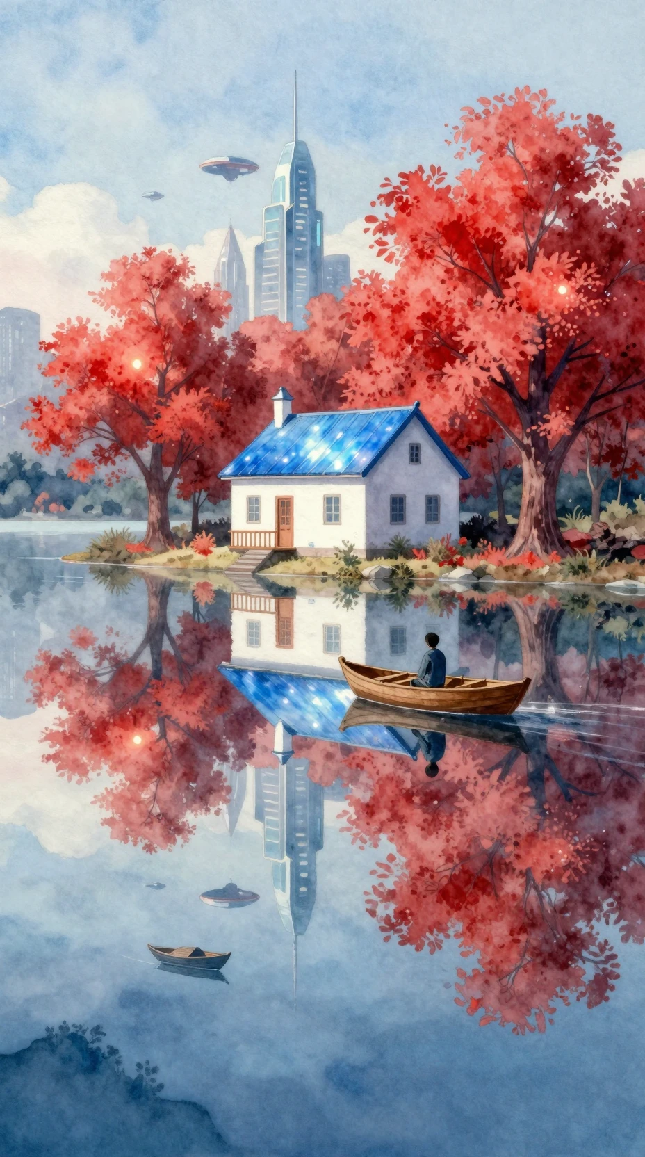 Casa futurista à beira de um lago de cristal luminoso