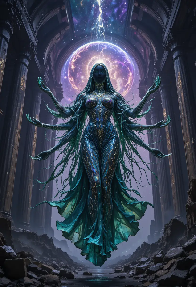 Diosa cósmica eldritch elevándose en un templo de obsidiana en ruinas