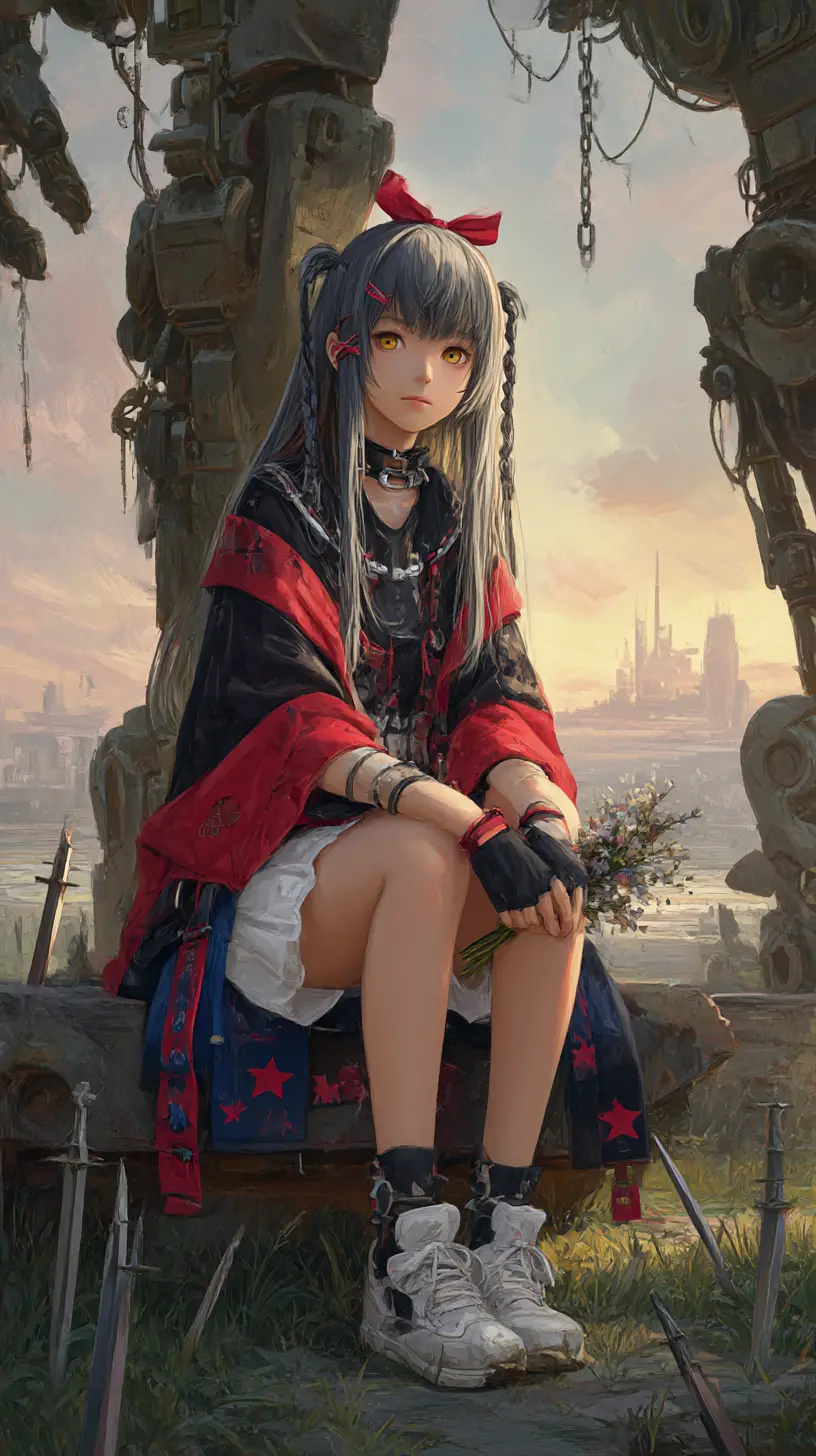Blue haired anime girl with belts and bandaged hands