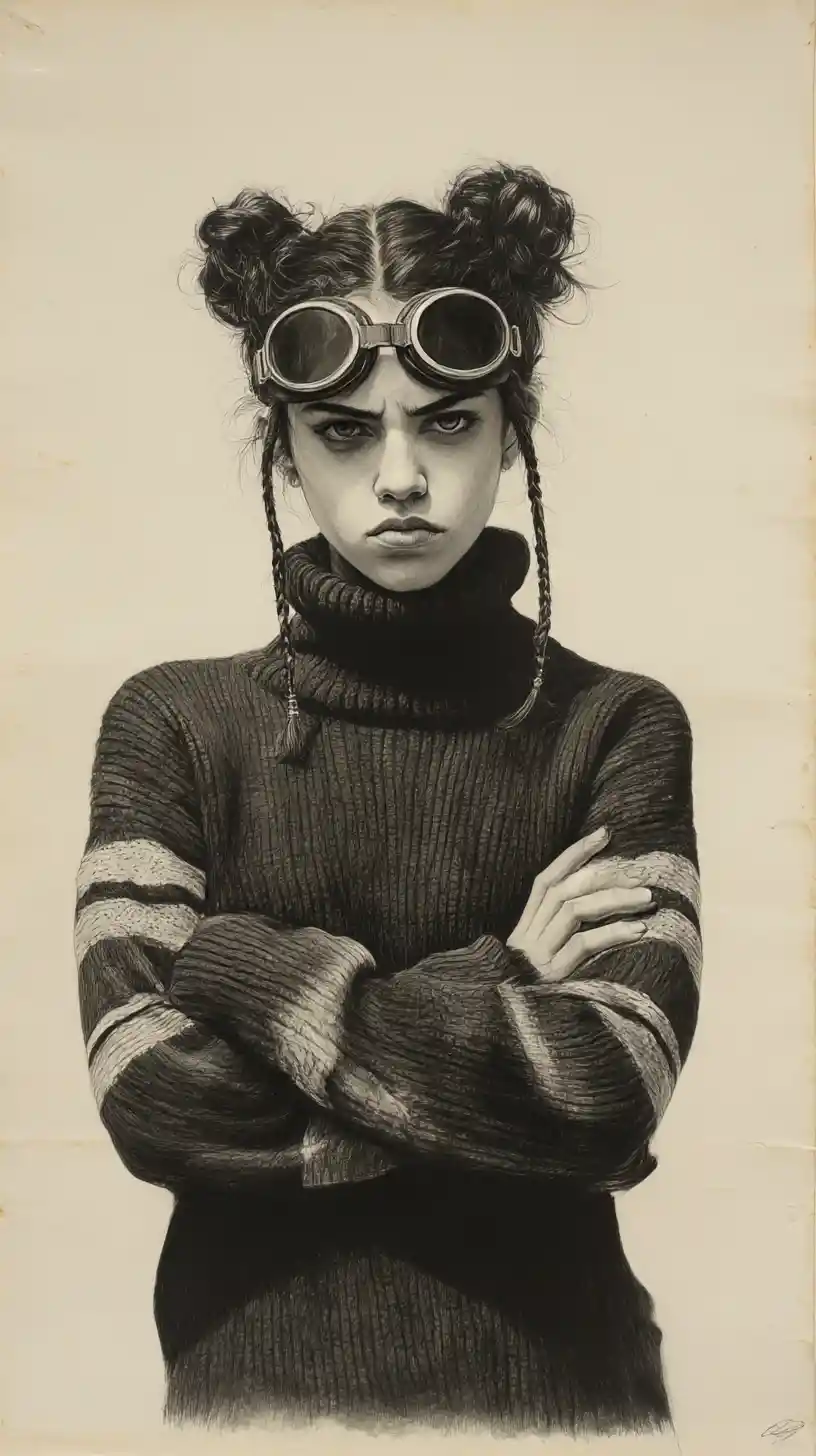 Moody girl with goggles in black and white pencil portrait