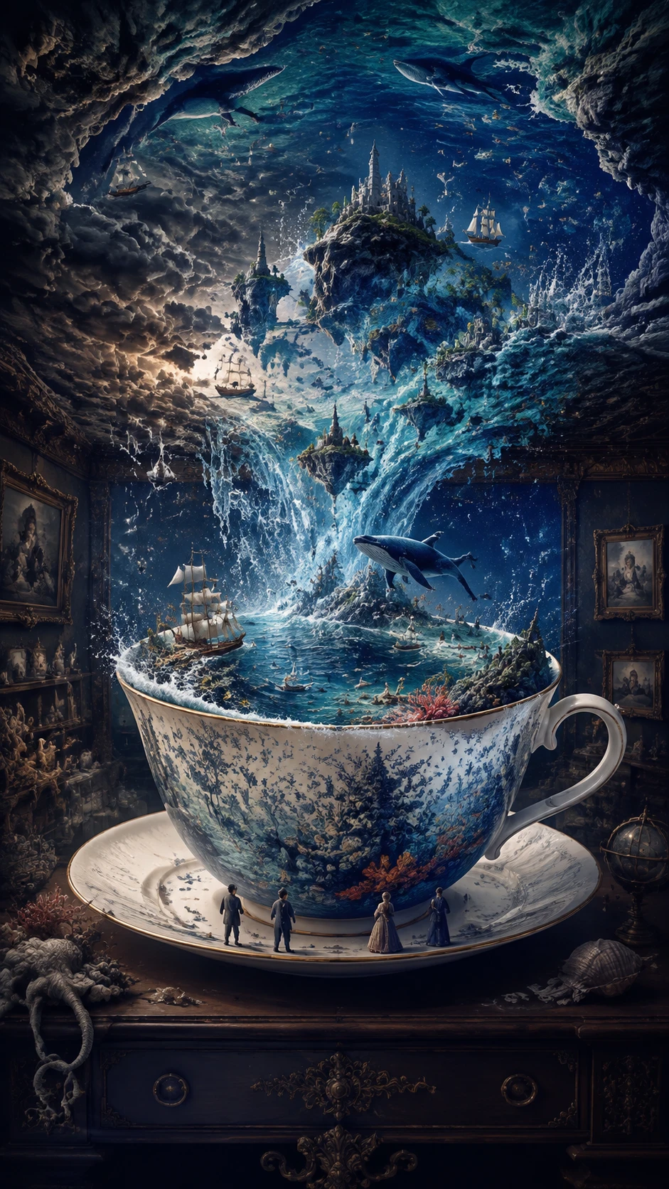 Xícara de porcelana gigante com um vasto oceano em miniatura