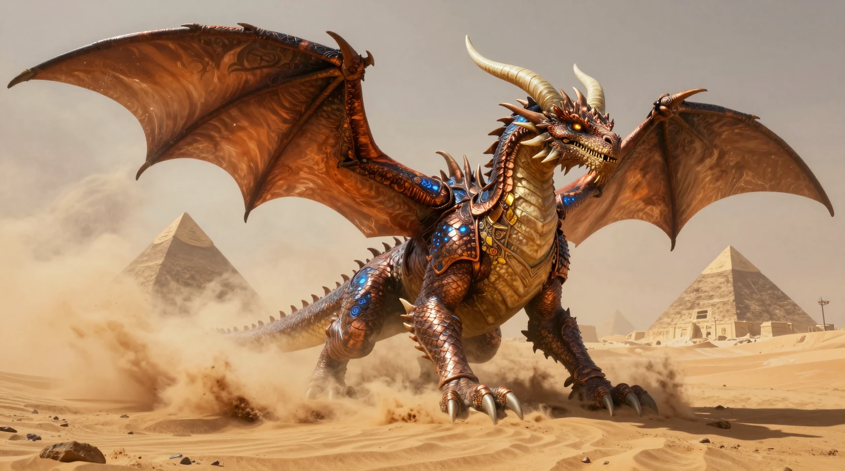 Dragón Colosal del Desierto en Medio de un Torbellino Sobrenatural de Arena