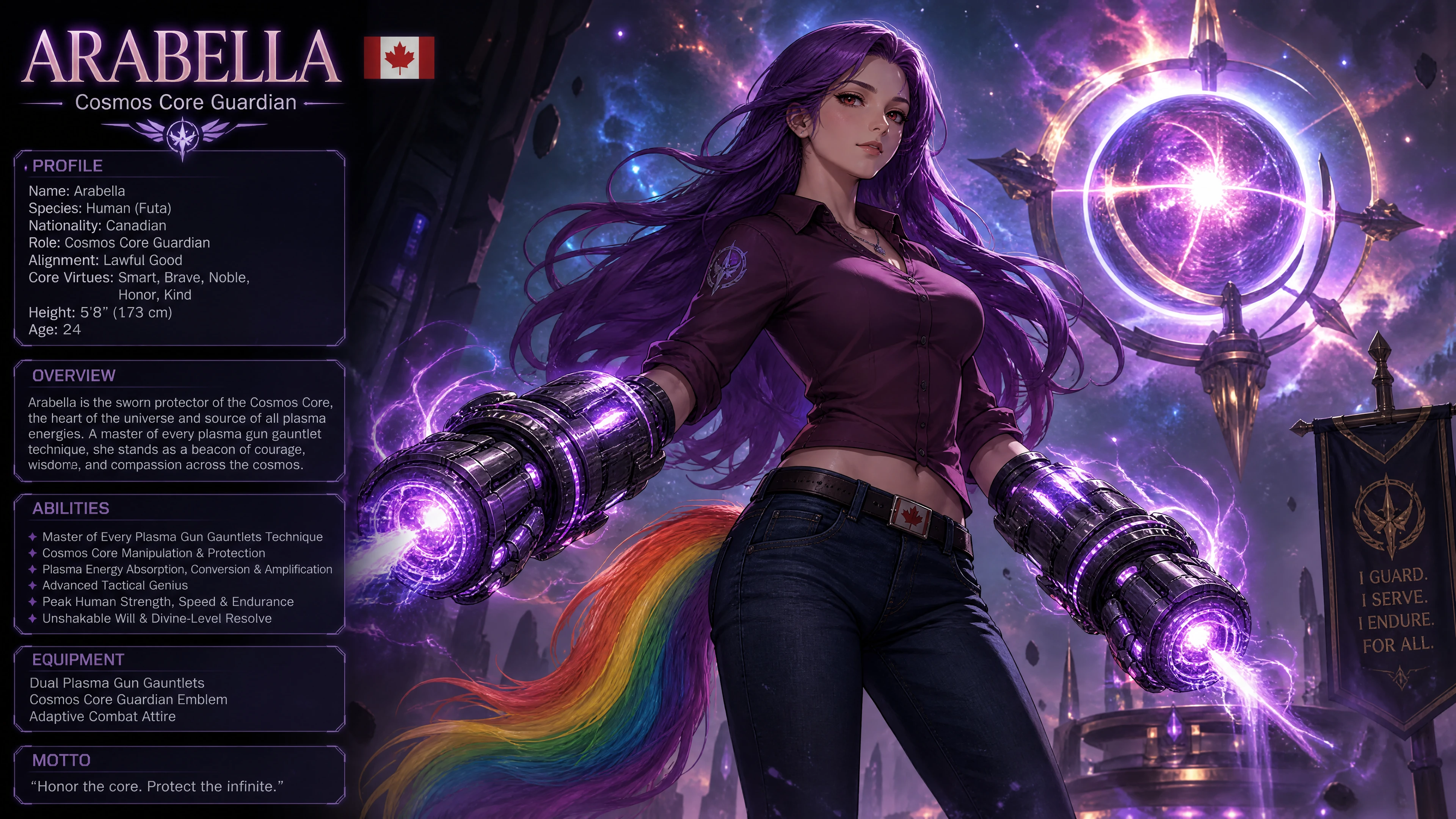 Courageuse gardienne cosmique avec queue arc-en-ciel et gantelets à plasma