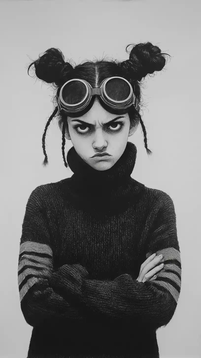 Moody girl with goggles in black and white pencil portrait