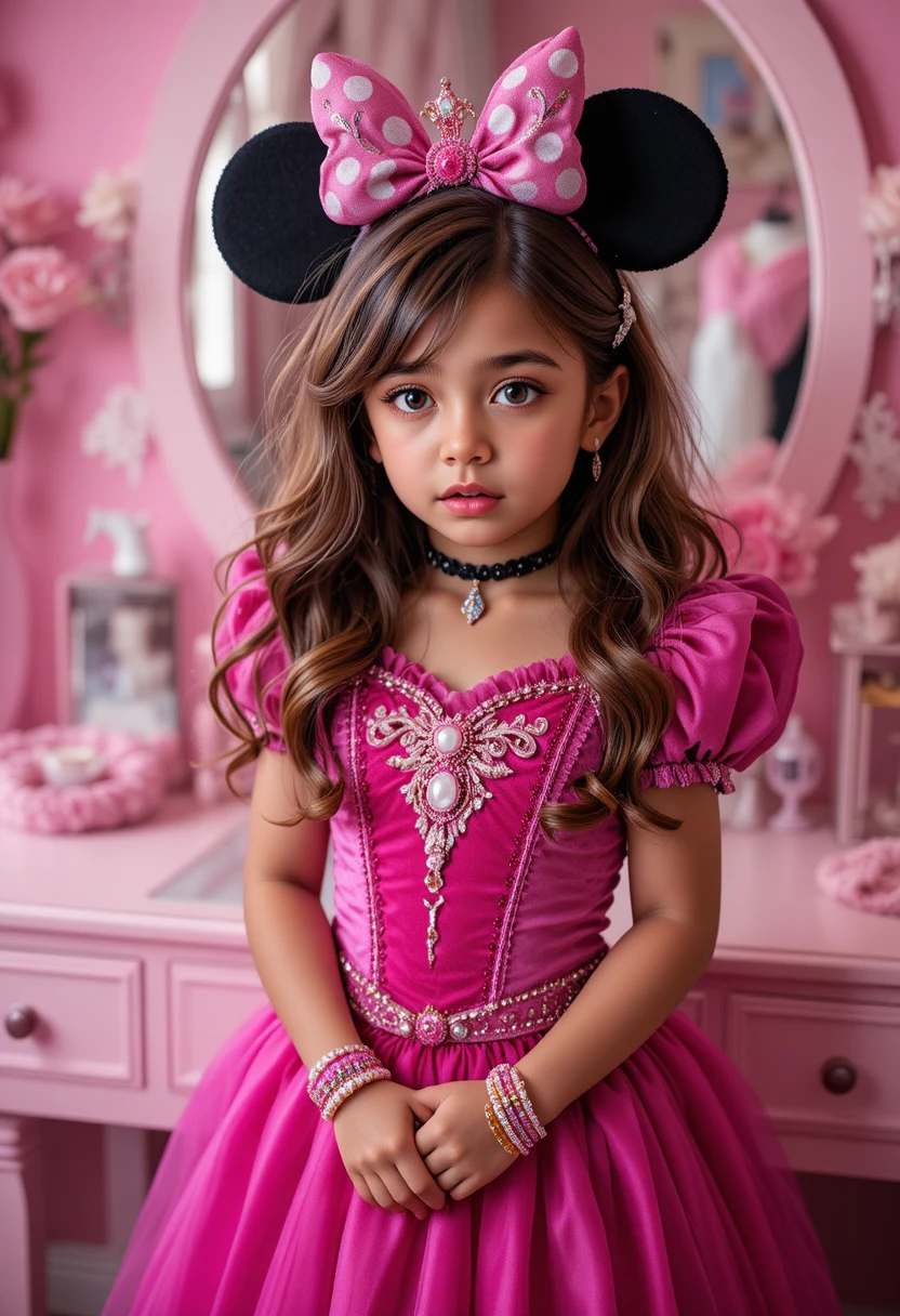 Menino nervoso em fantasia de princesa diante da penteadeira do quarto
