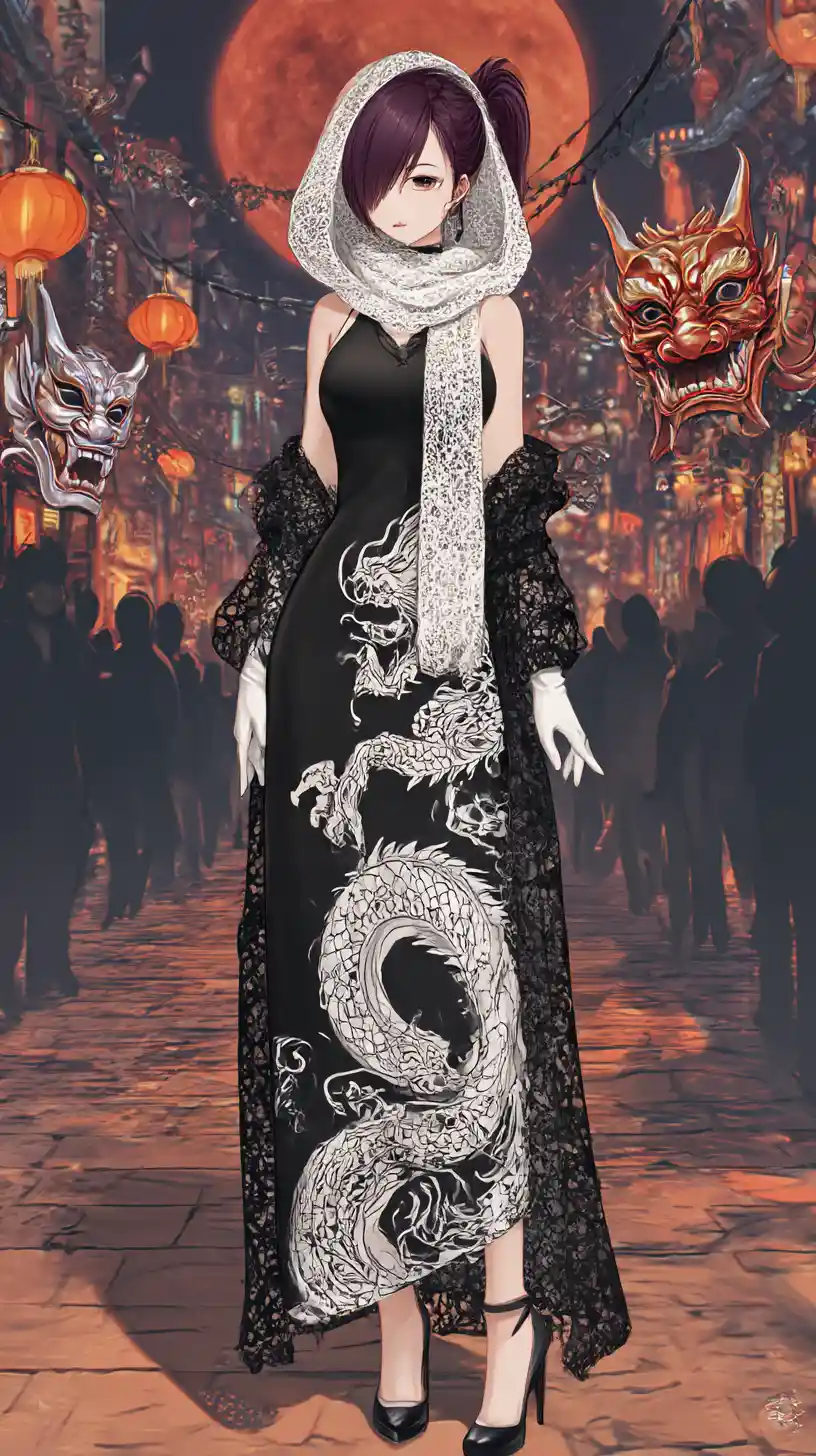 Garota de anime com vestido de dragão em rua de cidade fantástica
