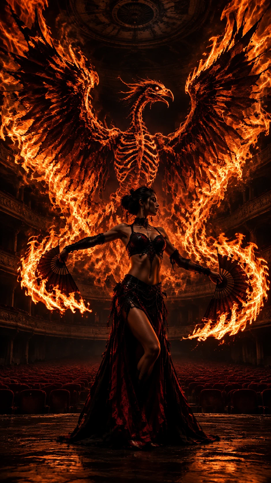 Dançarina de fogo formando asas flamejantes em teatro abandonado