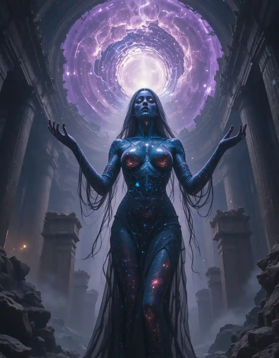 Deusa cósmica profana surgindo em um templo de obsidiana estilhaçado