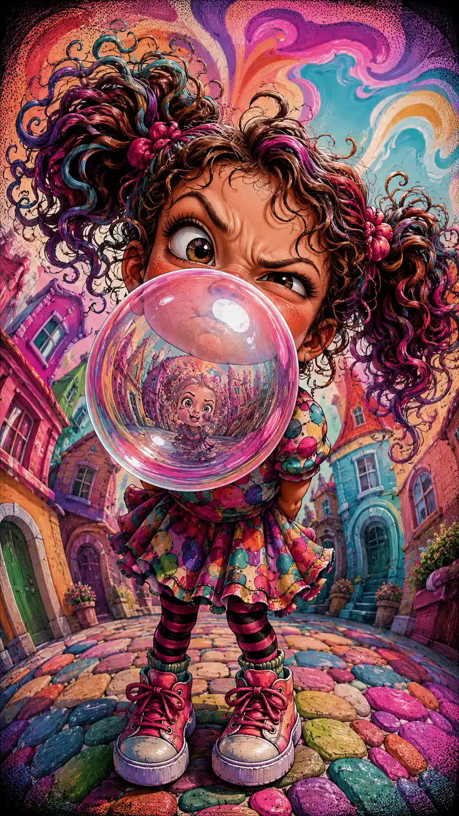 Fillette espiègle soufflant une énorme bulle de chewing-gum translucide – illustration