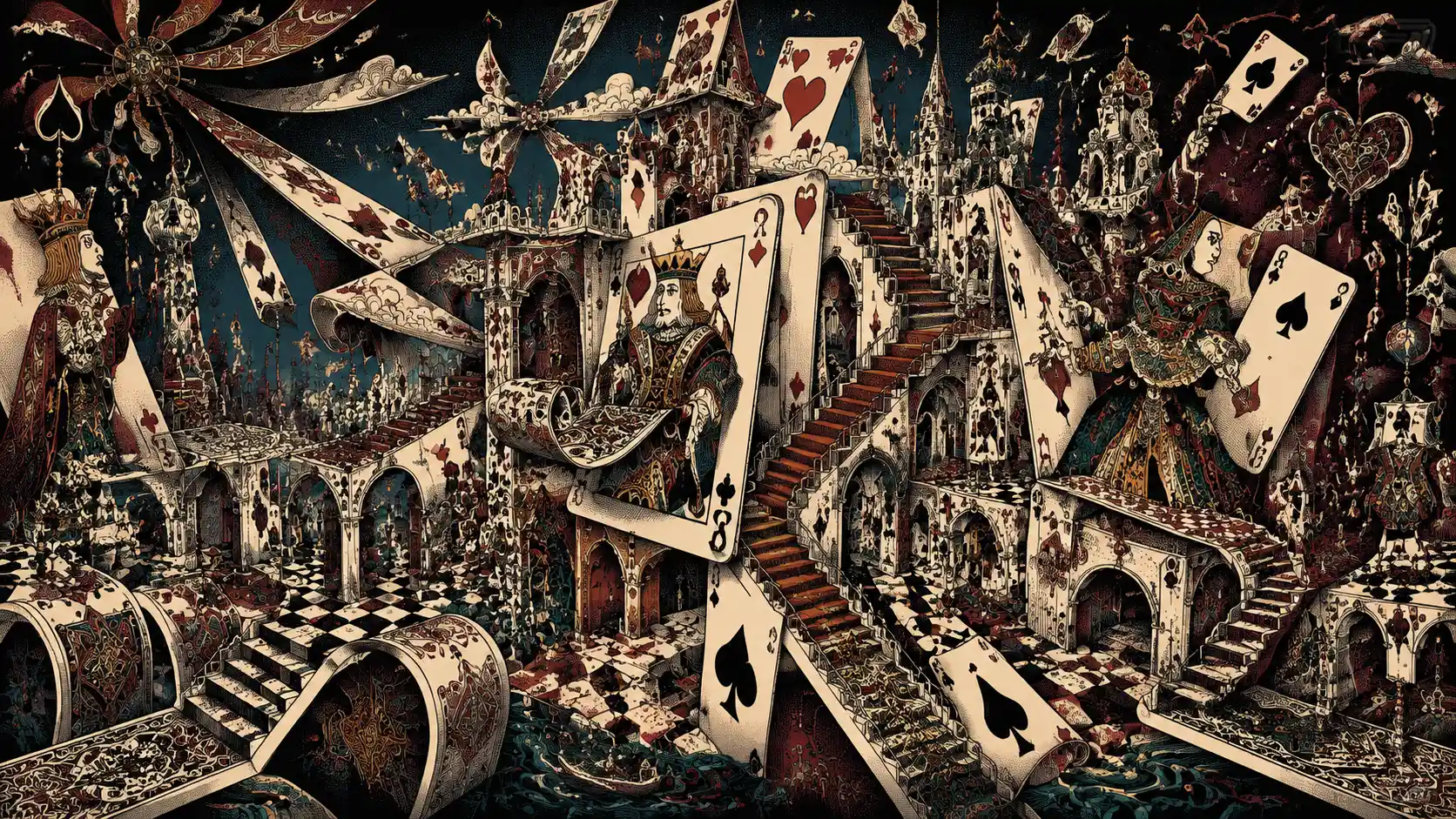 Palazzo Gotico Surreale Costruito con Torreggianti Carte da Gioco