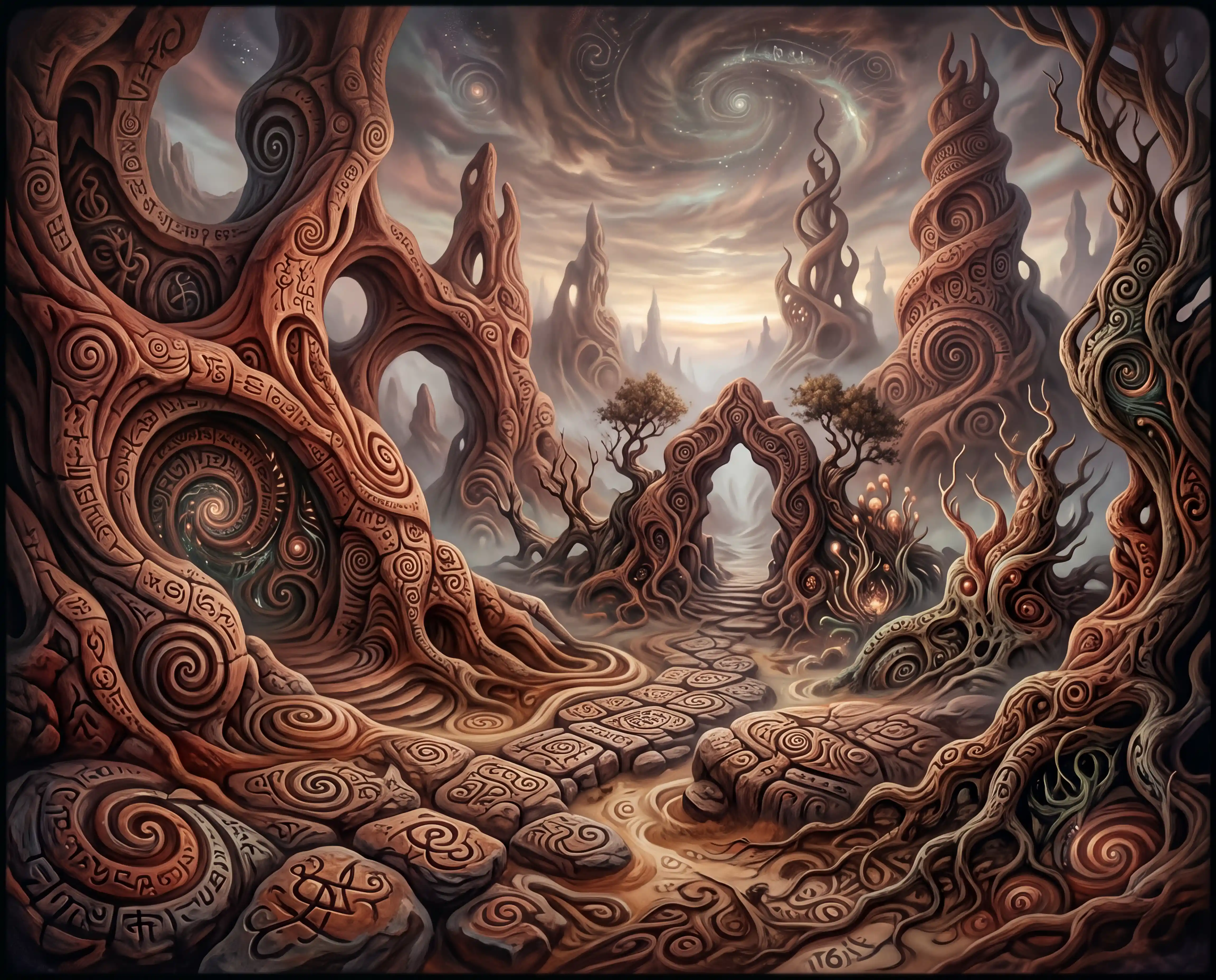 Formes organiques surréalistes fusionnant dans un paysage abstrait mystique