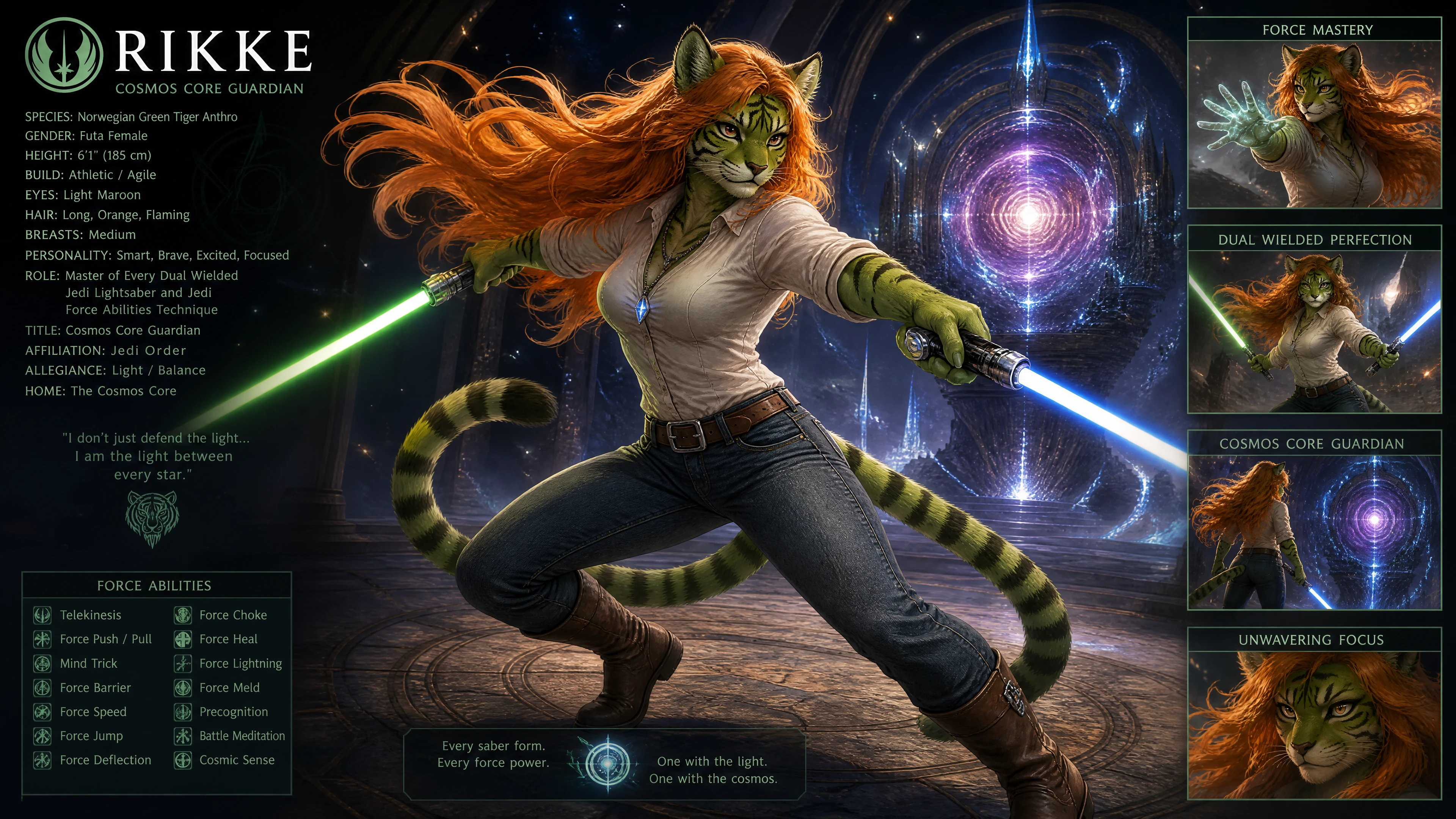 Cosmic tiger woman warrior with dual glowing lightsabers