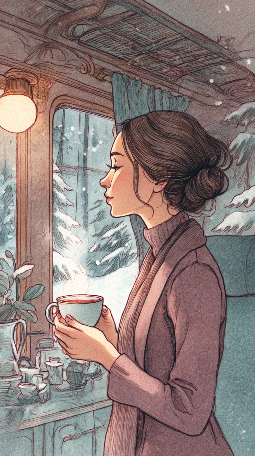 Mulher relaxando com café em uma viagem de trem nevada
