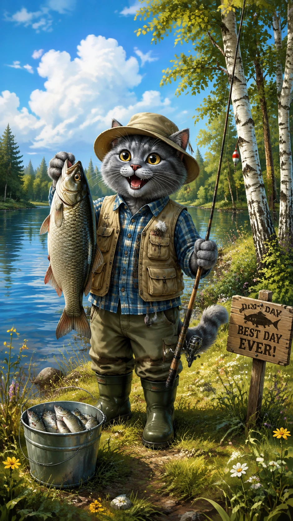 Gato Pescador Alegre en la Soleada Orilla del Río