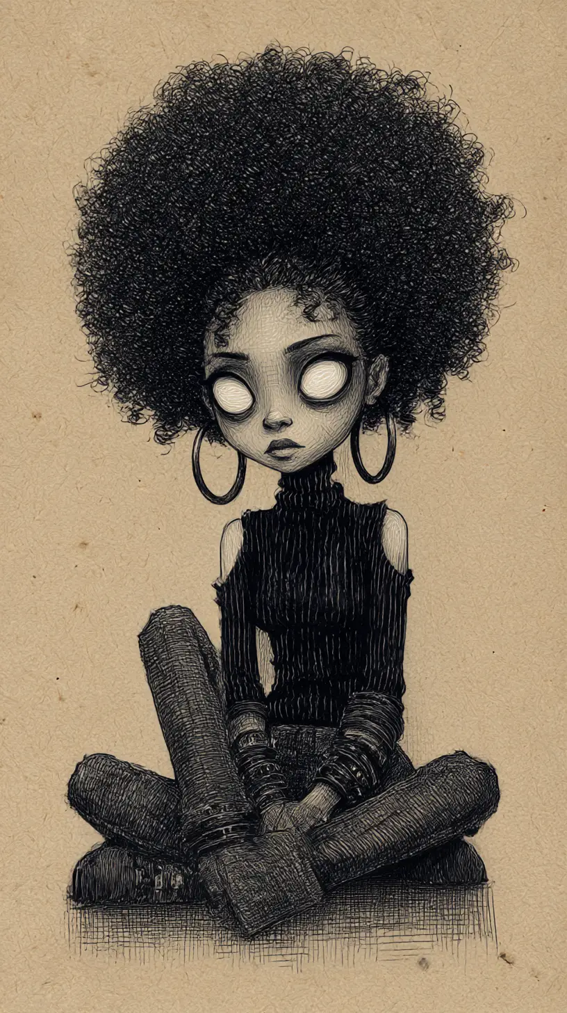 Dessin gothique au graphite d’une femme solennelle aux cheveux afro