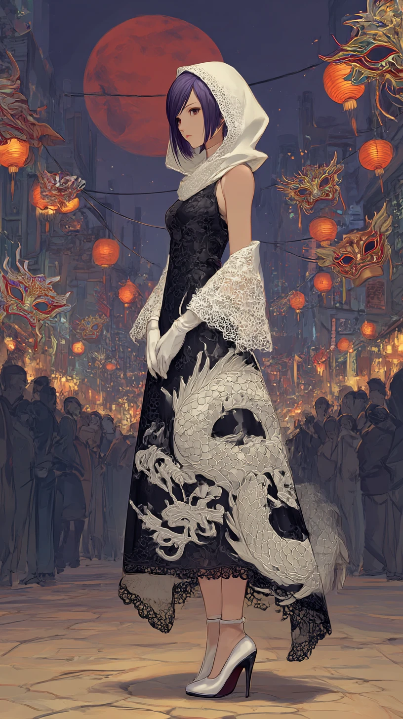 Fille d’anime en robe noire dragon avec manteau en dentelle