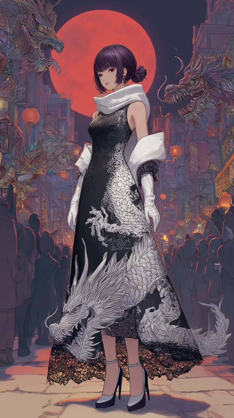 Anime girl in black dress with white dragon motif