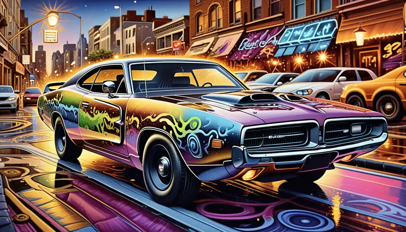 Muscle car al neon surreale su una strada cittadina luminosa