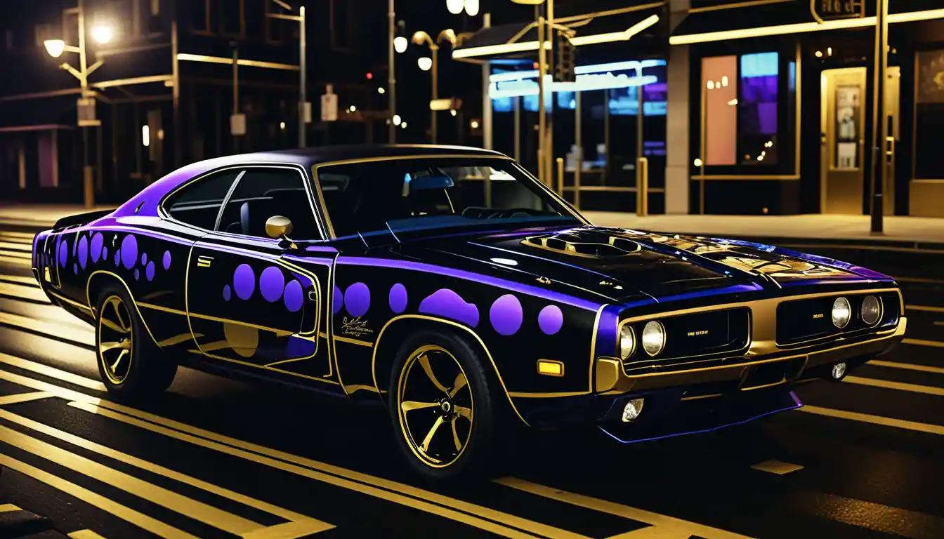 Muscle car surreale in una strada cittadina al neon al crepuscolo