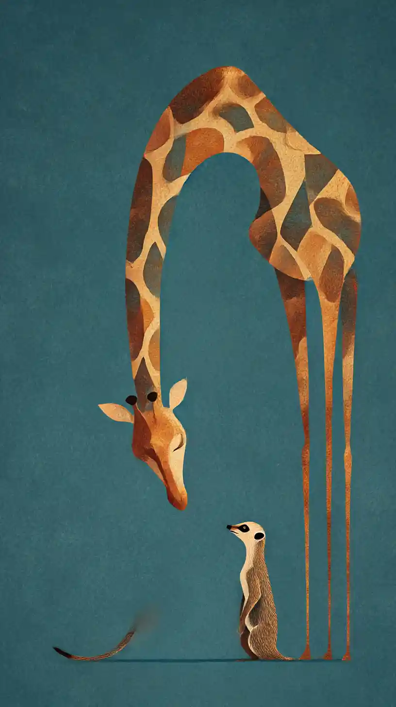 Girafe et suricate minimalistes en illustration numérique surréaliste