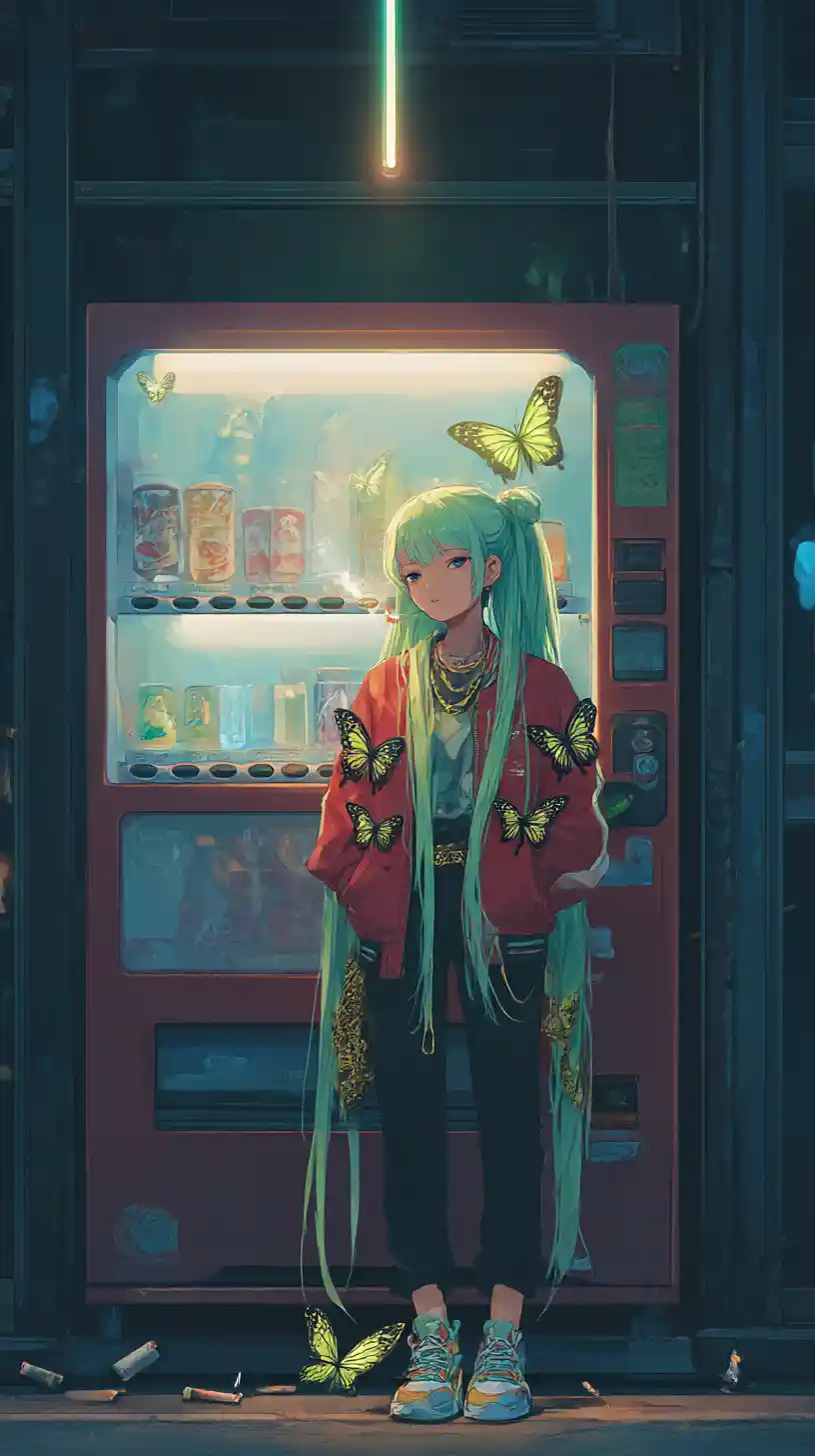 Anime girl smoking by neon soda machine at night