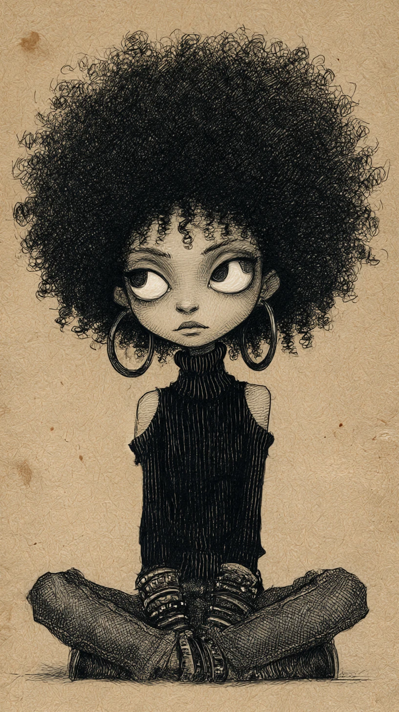 Retrato gótico em grafite de uma mulher com grandes olhos brancos