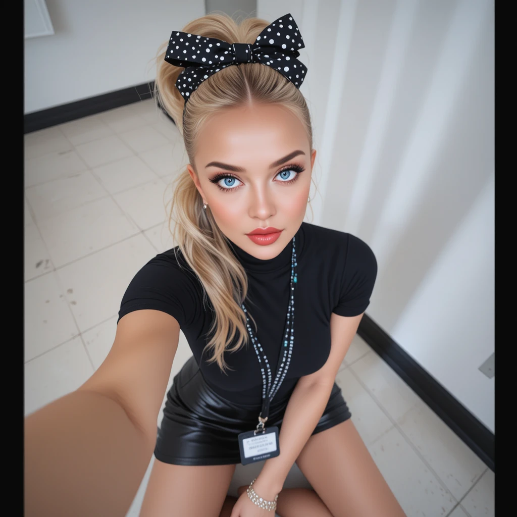 Ragazza bionda selfie con top nero e gonna di pelle
