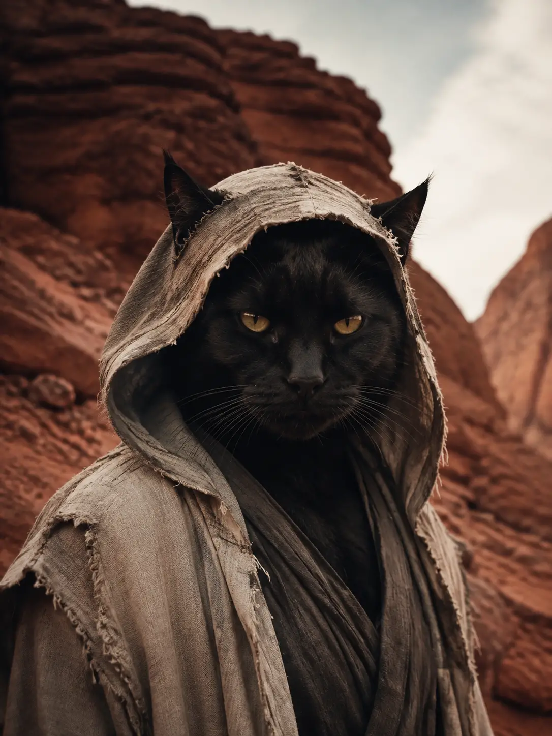 Schwarze Katze im Leinen-Hoodie vor roten Canyonfelsen