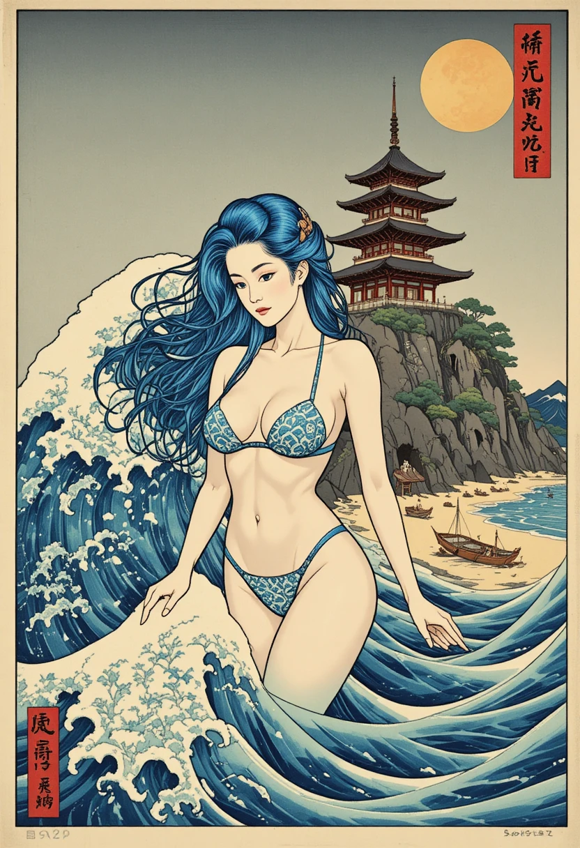 浮世繪風格水之女神自紋理海浪中升起
