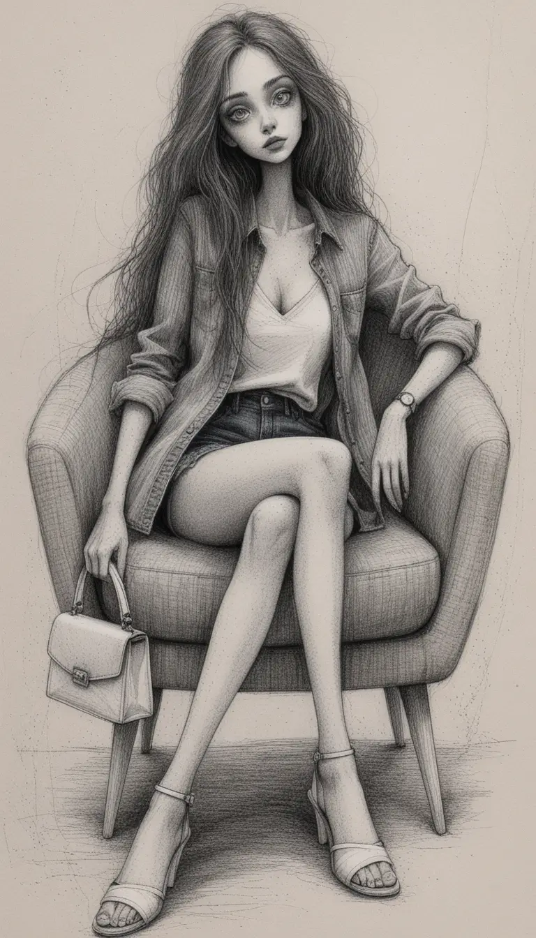 Moody ink illustration of a woman in a modern armchair