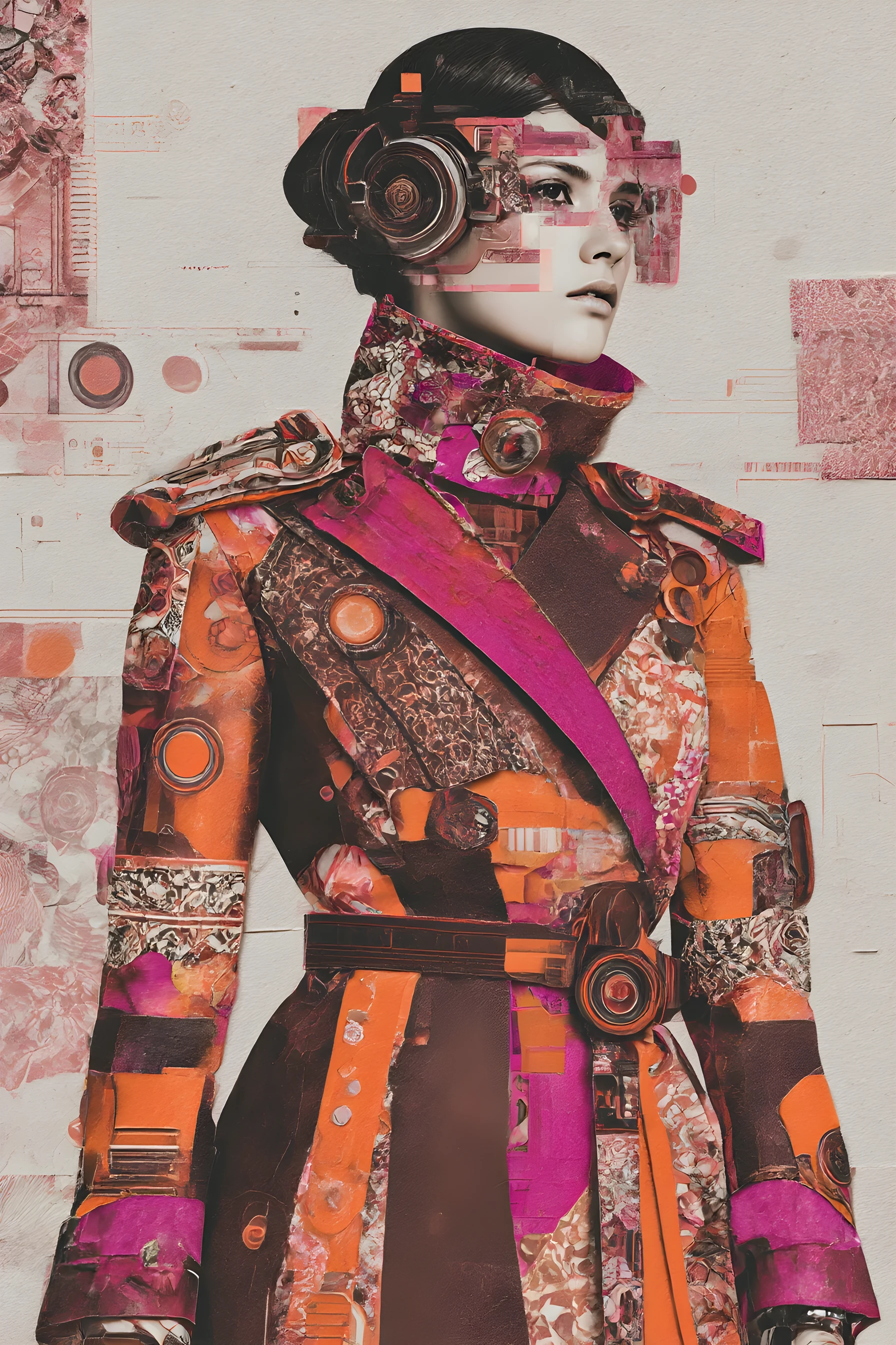 Figura de moda cyberpunk em colagem em camadas com dupla exposição