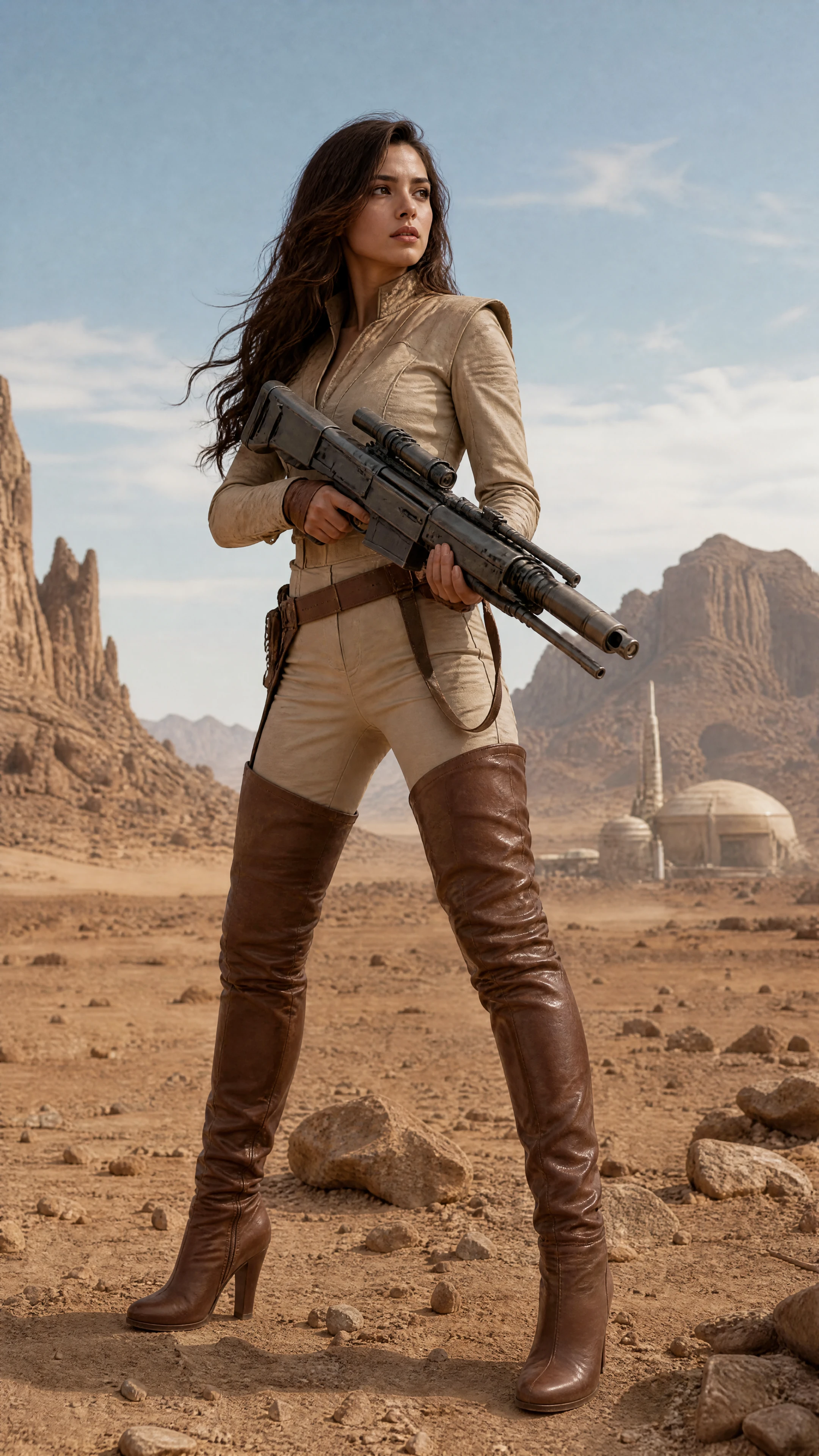 Jovem mulher com rifle blaster em paisagem de deserto rochoso