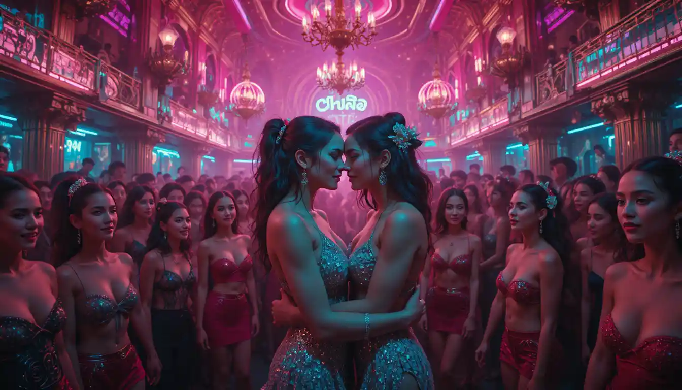 Lesbian couple embracing in a surreal neon Thai nightclub