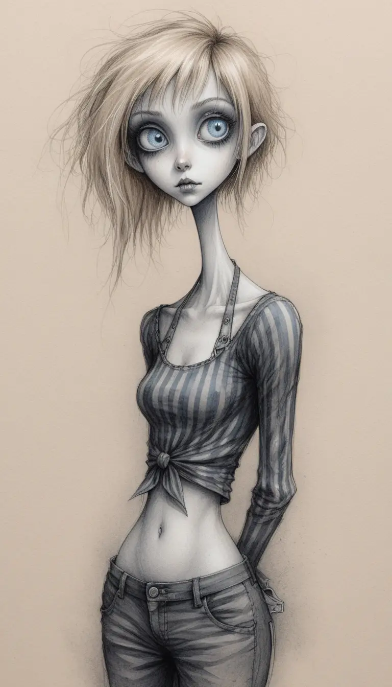 Gothic-Mädchen mit großen blassblauen Augen und Crop-Top