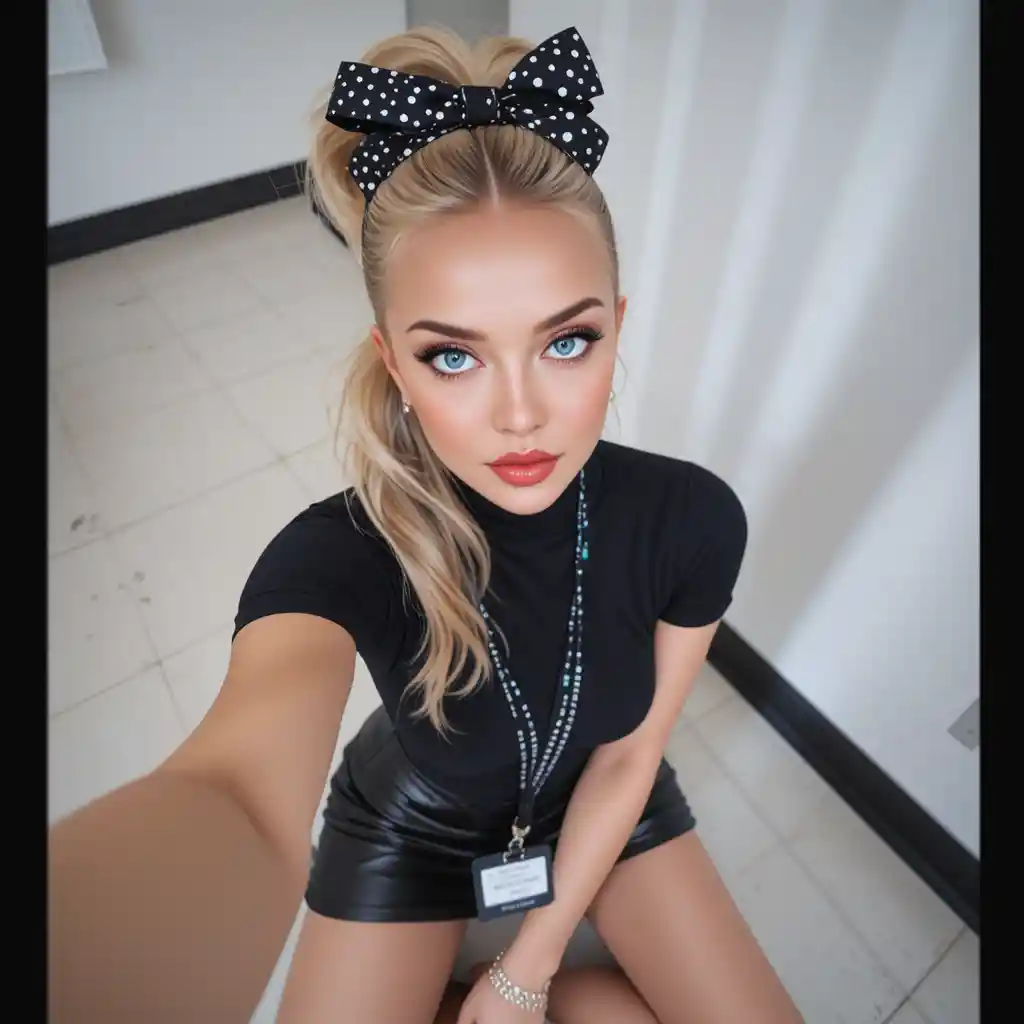 Chica rubia selfie con top negro y falda de cuero