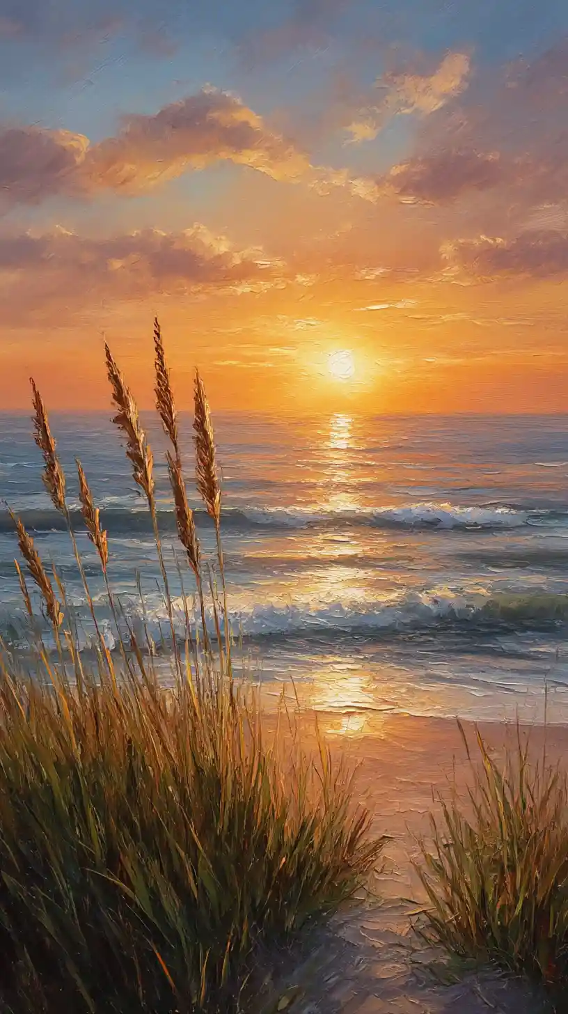 Pôr do sol dourado na costa sobre mar calmo e praia de areia