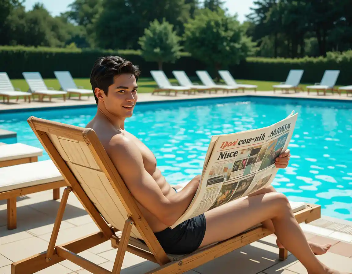 Man reading by a blue swimming pool on a sunny day