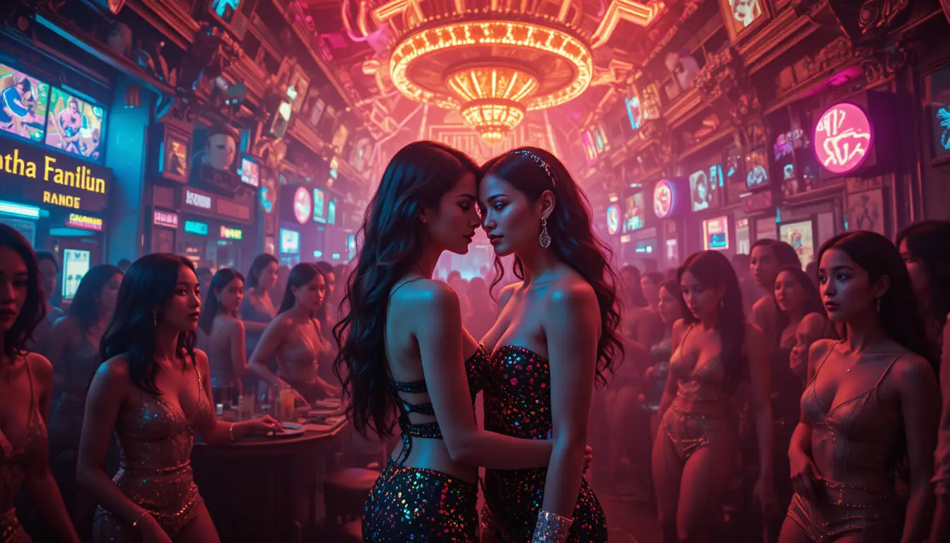 Lesbian couple embracing in a surreal neon Thai nightclub