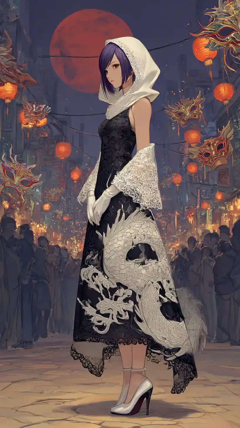 Fille d’anime en robe noire dragon avec manteau en dentelle