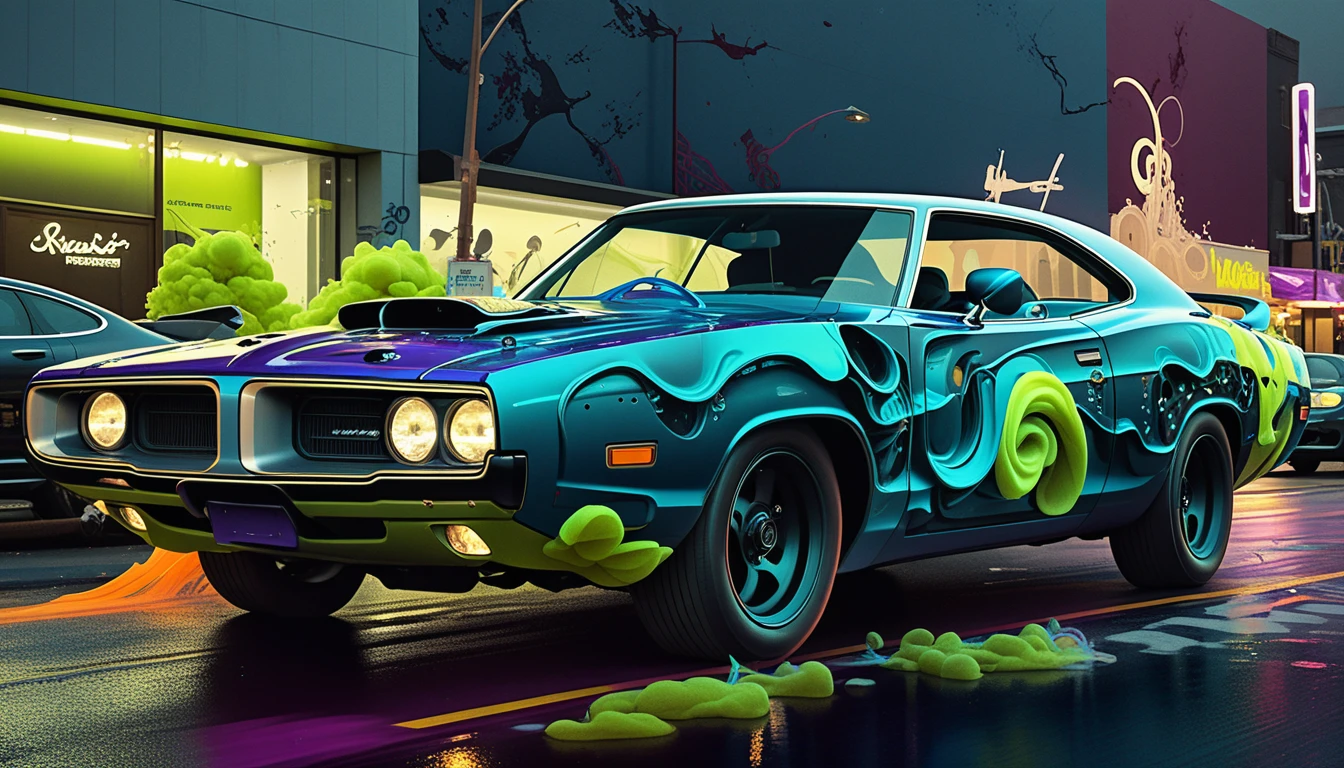 Surrealer Muscle-Car in neonbeleuchteter Stadtstraße bei Dämmerung