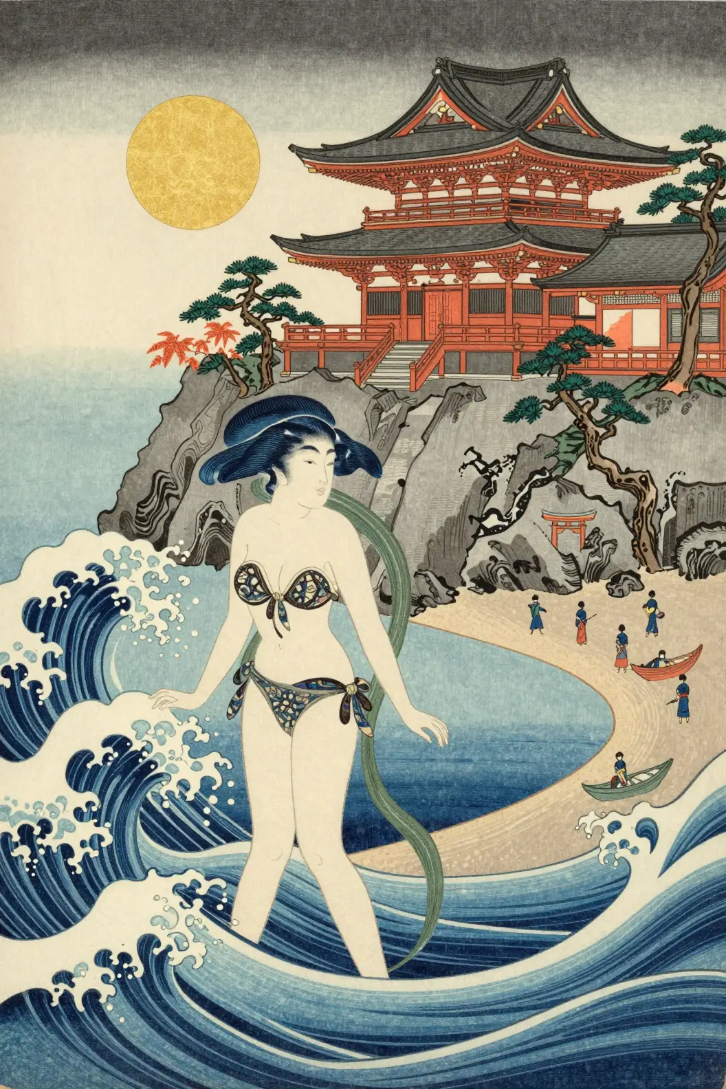 Dea dell’acqua tra onde ukiyo-e vicino a un tempio lontano
