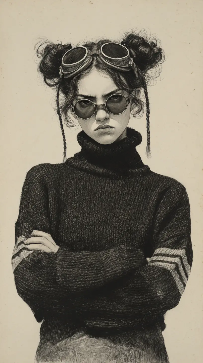 Moody pencil portrait of a rebellious girl with goggles
