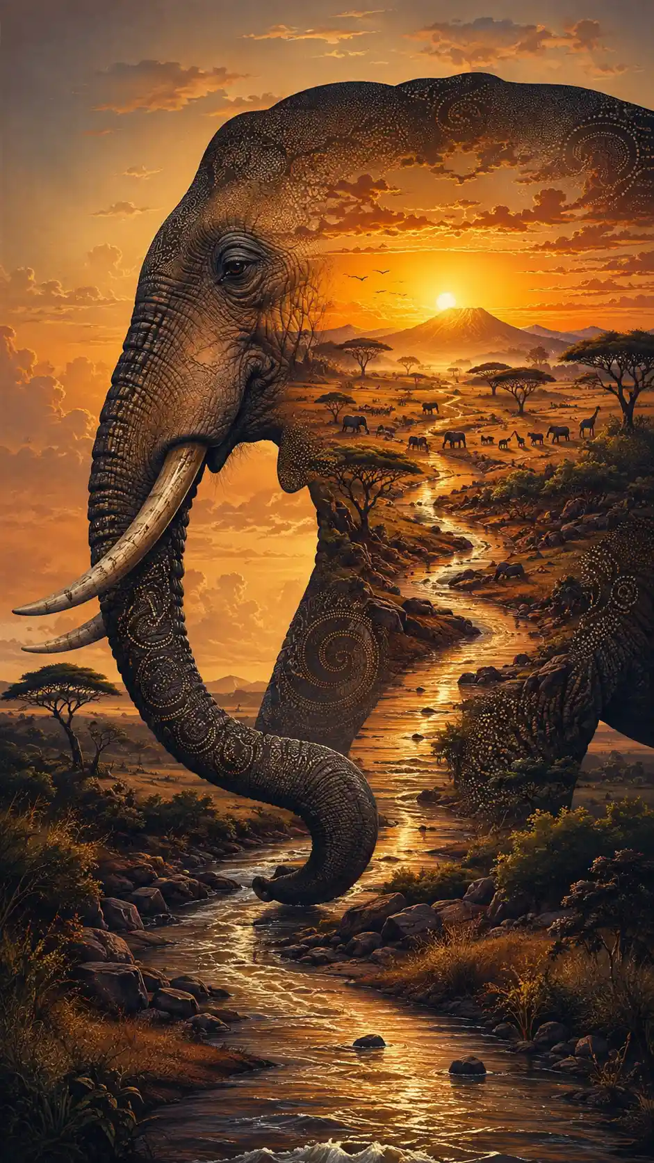 Silhouette Surreale di Elefante con una Savana Dorata