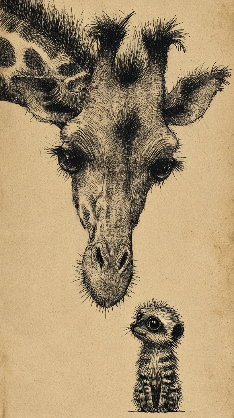 Eerie ink giraffe and meerkat on aged parchment paper