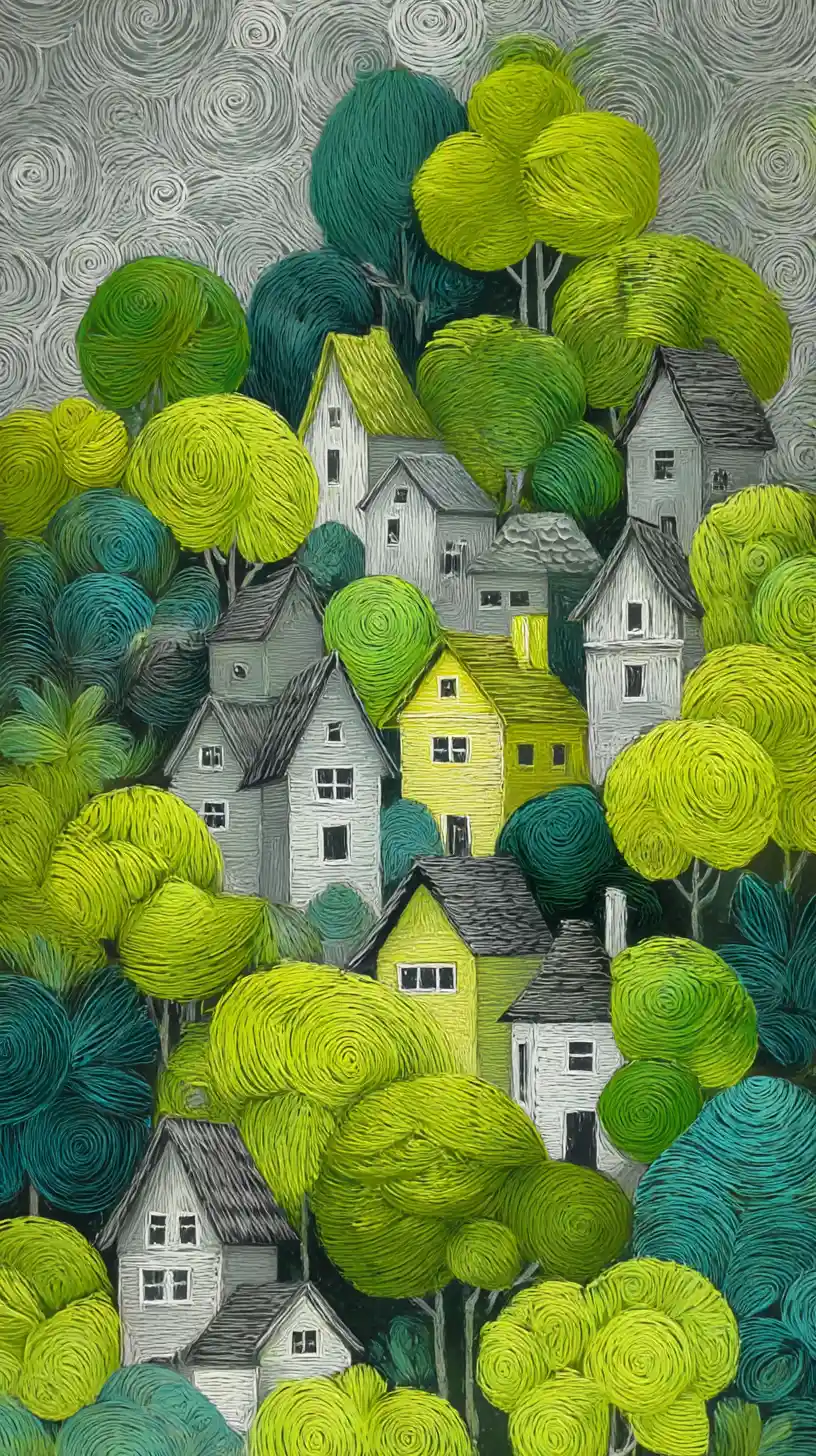 Village fantaisiste d’art folklorique avec arbres et maisons stylisés