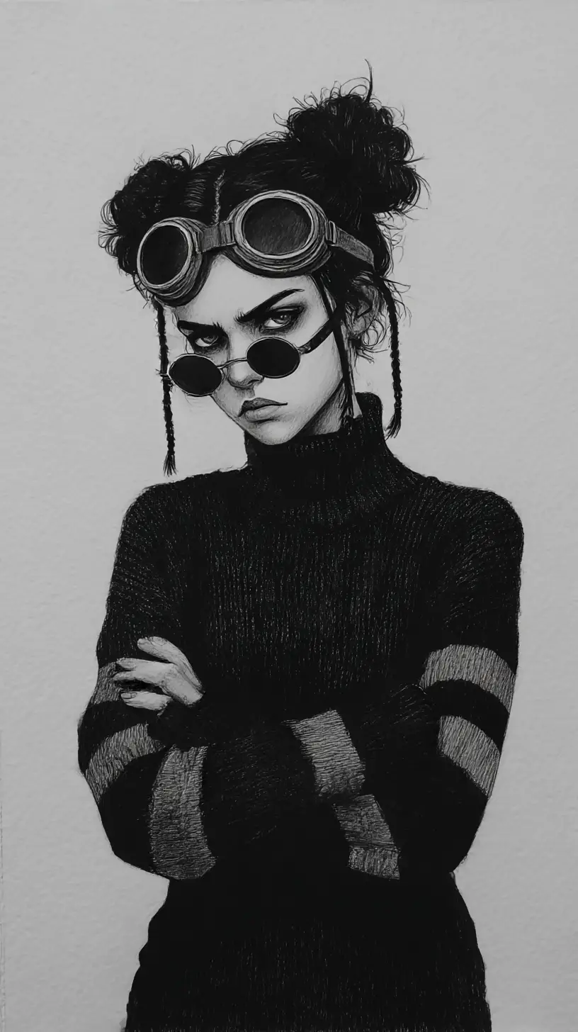 Moody girl with goggles in black and white pencil portrait