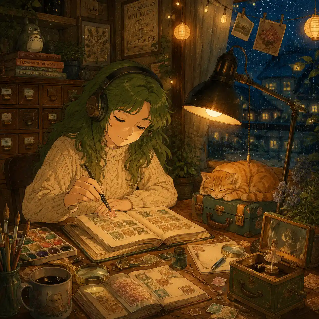 Ragazza anime che sistema francobolli a una scrivania di studio accogliente