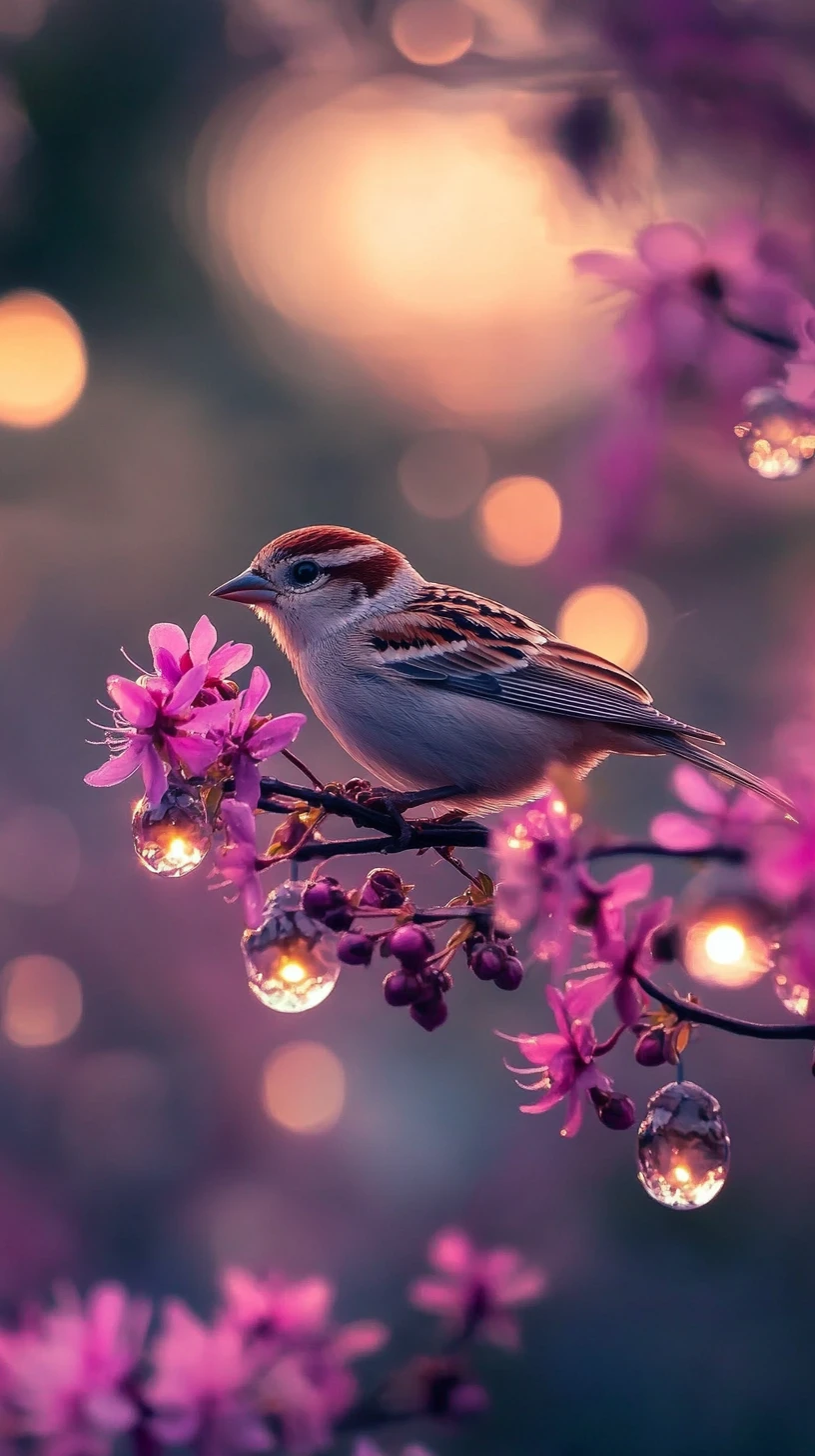 새벽에 졸린 벌들을 위해 꽃을 열어 주는 작은 참새