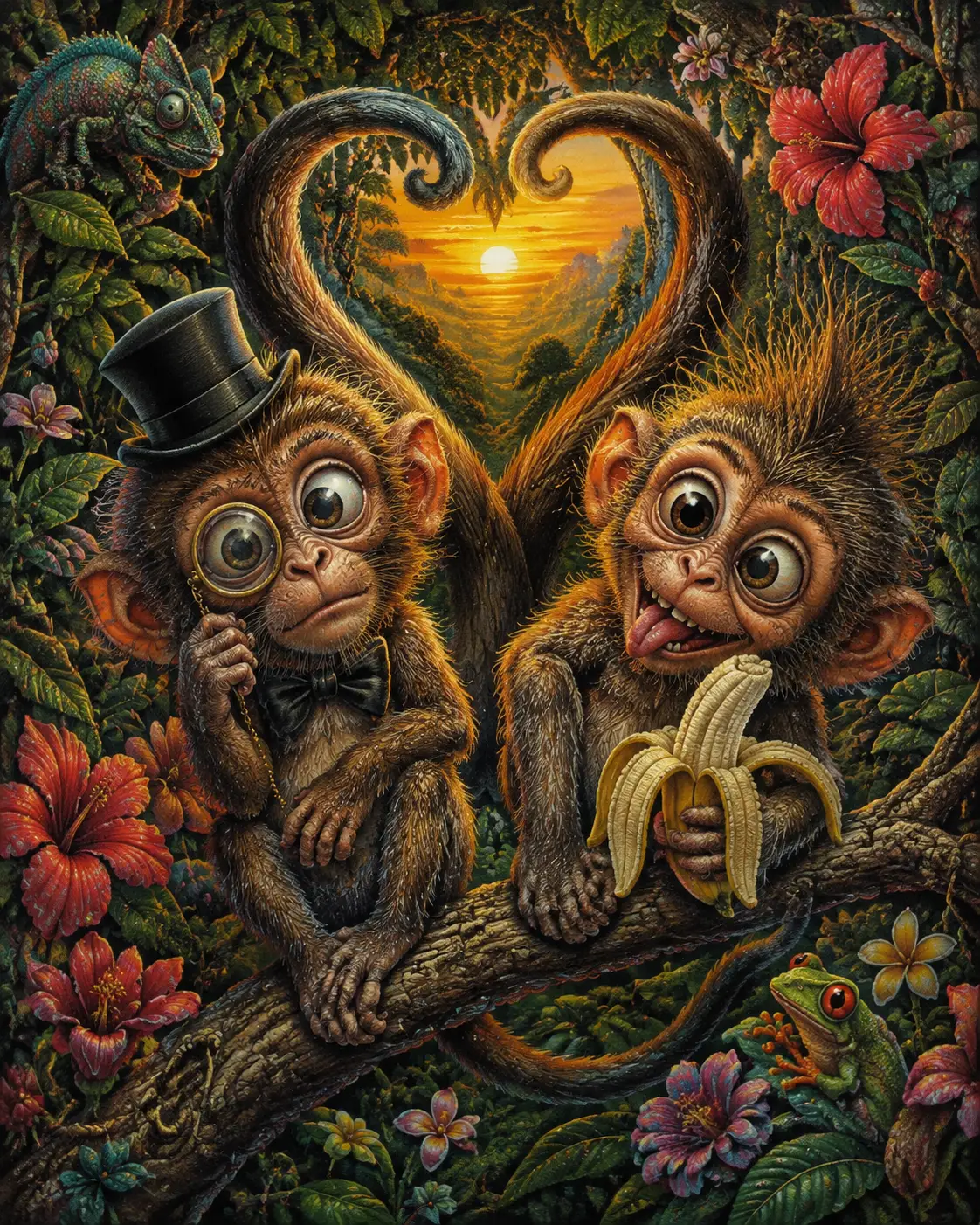Filhotes de macaco brincalhões compartilhando uma banana ao pôr do sol na selva