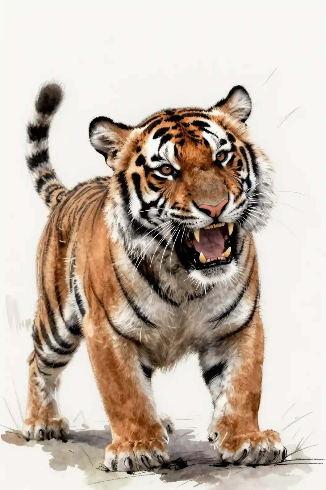 Dynamische Skizze eines Tigerbabys, das den Kopf schüttelt